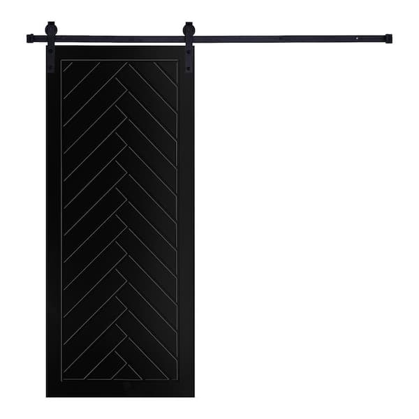 Modern FramedHerringbone Designed 96 in. x 36 in. MDF Panel Black Painted Sliding Barn Door with Hardware Kit