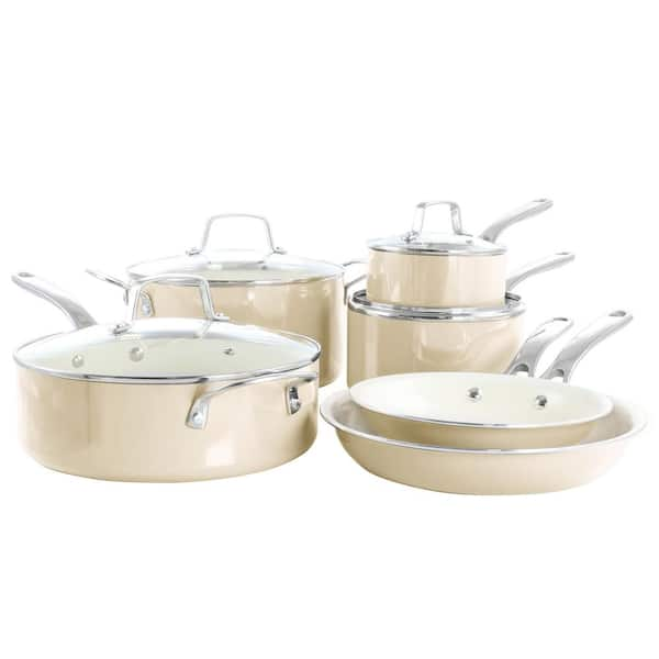 MARTHA STEWART Lockton Premium 10-Piece Enameled Heavy Gauge Aluminum  Ceramic Nonstick Cookware Set in Butter Cream 985119994M - The Home Depot