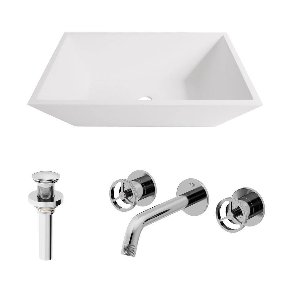 Sleek White Matte Stone 18" Rectangular Vessel Bathroom Sink Set
