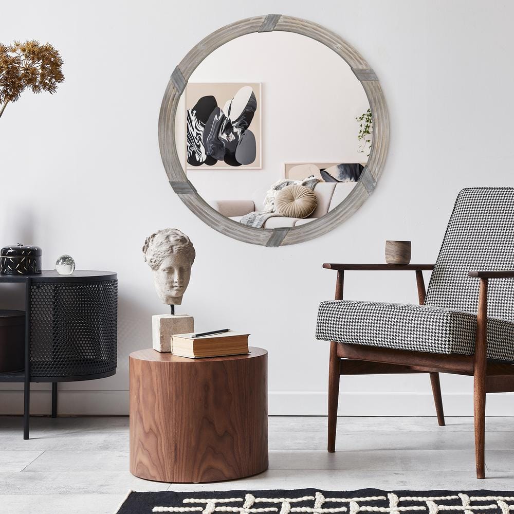 Natural Wood 30.75 in. W x 30.75 in. H Round MDF Framed Mirror