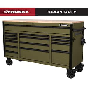Heavy Duty 61 in. W x 22 in. D 15-Drawer Matte Army Green Mobile Workbench Cabinet with Solid Wood Top