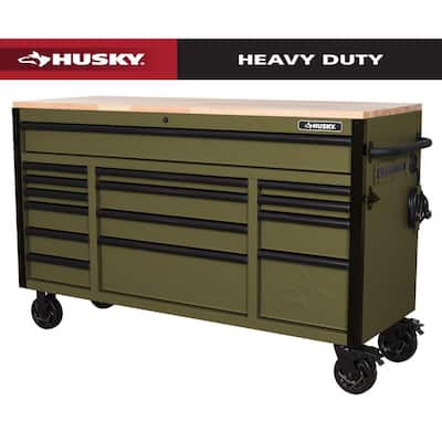 Heavy Duty 61 in. W x 22 in. D 15-Drawer Matte Army Green Mobile Workbench Cabinet with Solid Wood Top