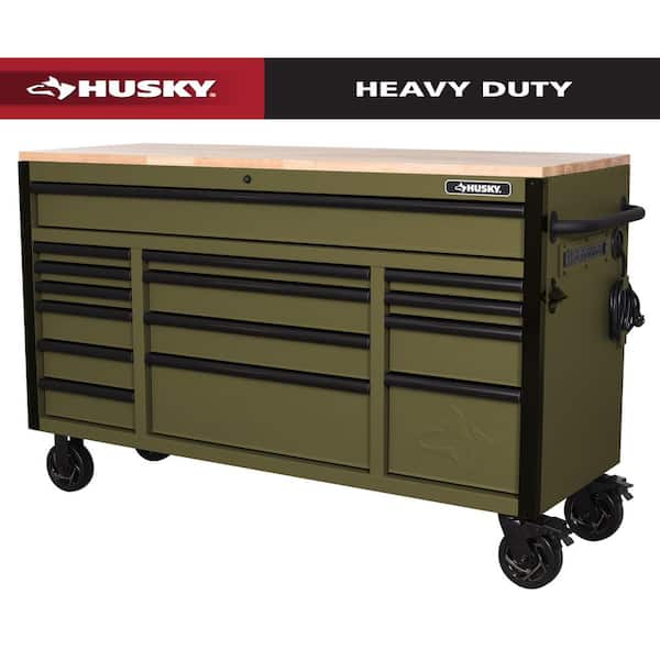 Heavy Duty 61 in. W x 23 in. D 15-Drawer Matte Army Green Mobile Workbench Cabinet with Solid Wood Top