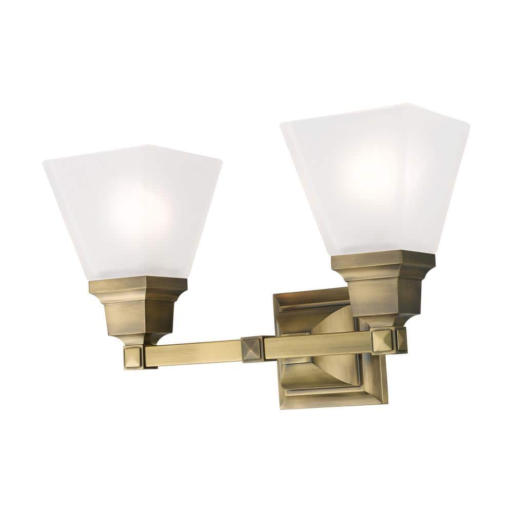 Antique Brass 2-Light Vanity Fixture with Satin Glass Shades