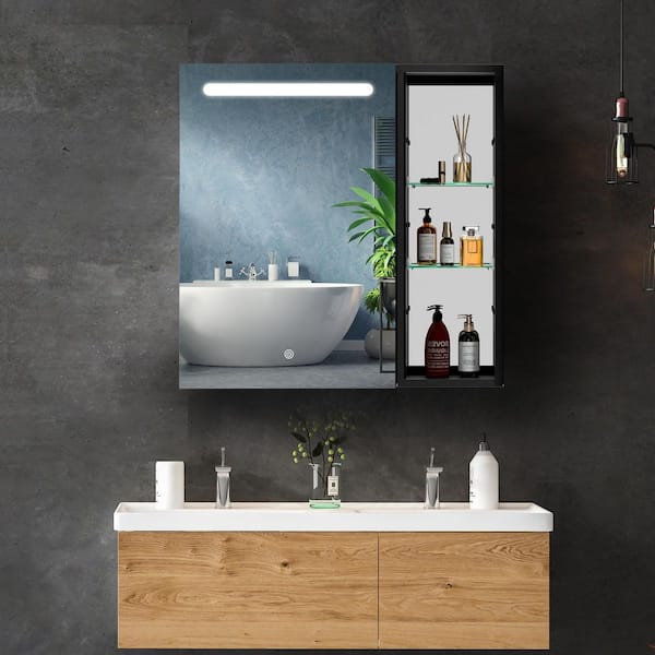 Getpro 29.5 in. W x 29.5 in. H Large Rectangular Black Aluminum Surface Mount Soft Close Medicine Cabinet with Mirror