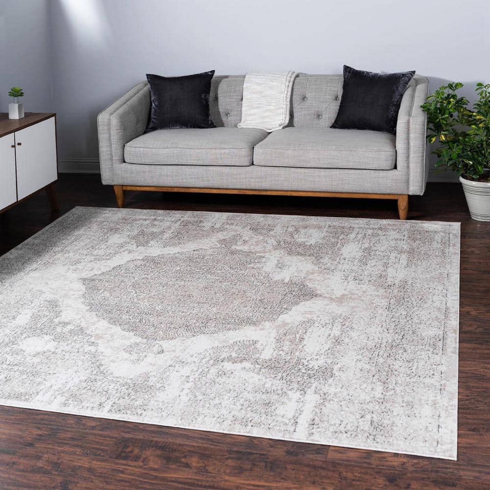 Ivory and Beige Square Stain-Resistant Area Rug