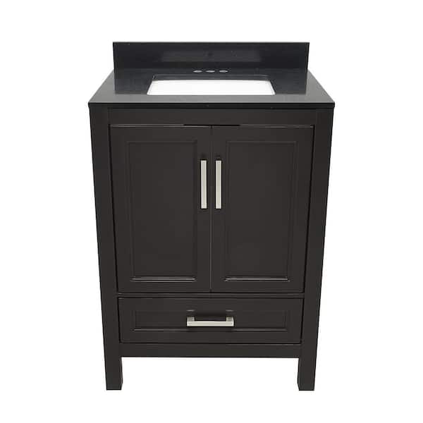 Ella Nevado 25 in. W x 19 in. D x 36 in. H Bathroom Vanity in Brown with Quartz Stone Vanity Top Sink in Galaxy Black