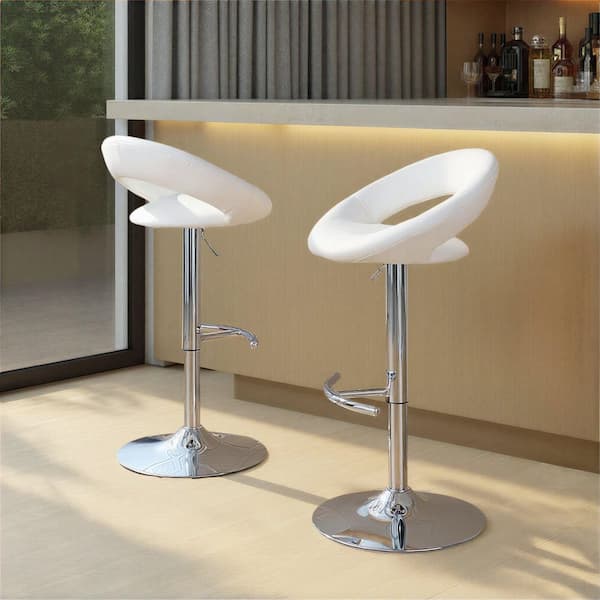 Posh 33.25 in. White Faux Leather and Chrome Metal Adjustable Bar Stool (Set of 2)