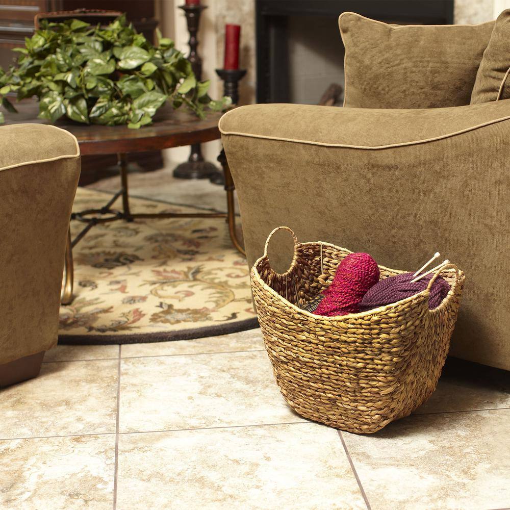 Golden Toffee Water Hyacinth Round Wicker Basket with Metal Frame
