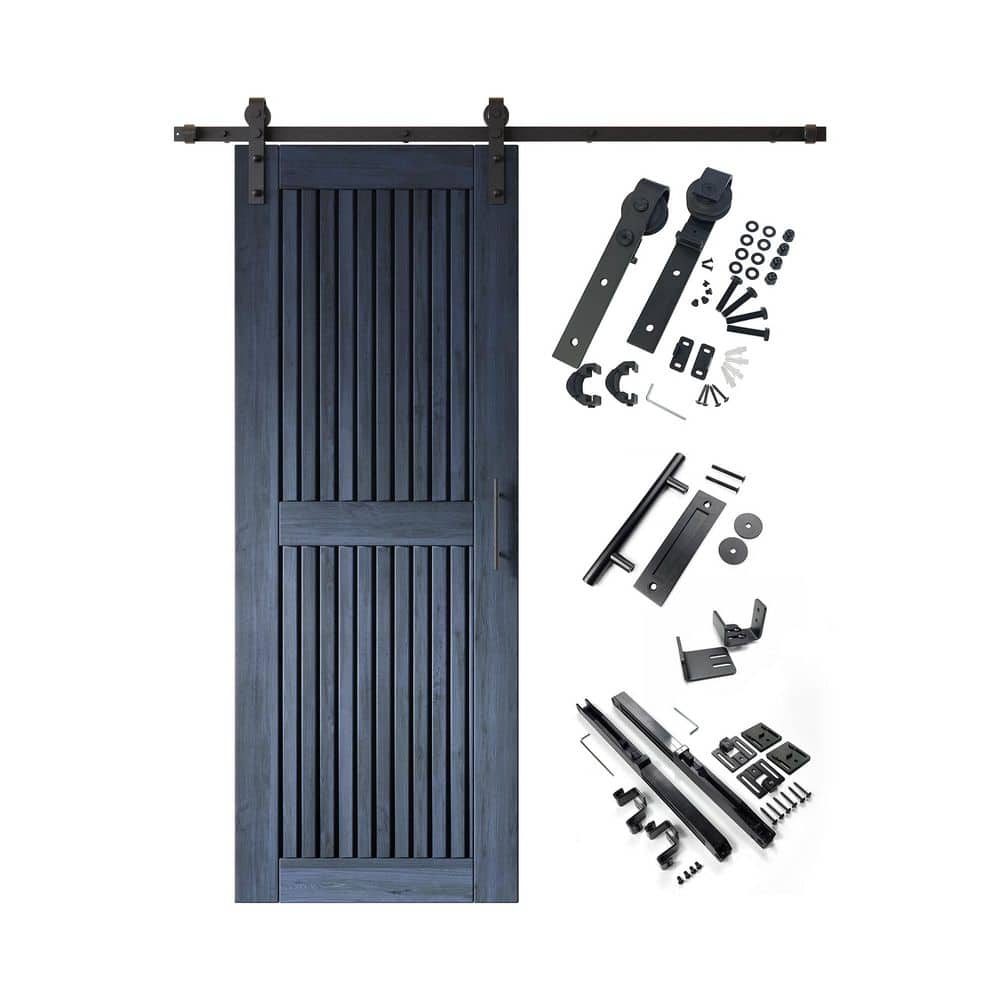 ST 30 in. x 80 in. C-Panel Navy Vertical Stripe Design Solid Pine Wood Sliding Barn Door with Hardware Kit price history on PriceWatchPro