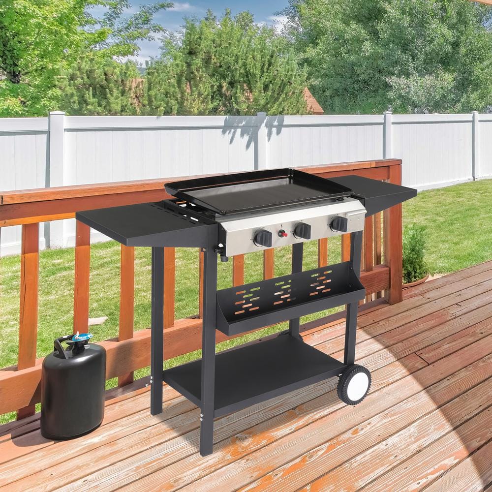 Black 3-Burner Propane Gas Griddle Cooking Station with Folding Shelves