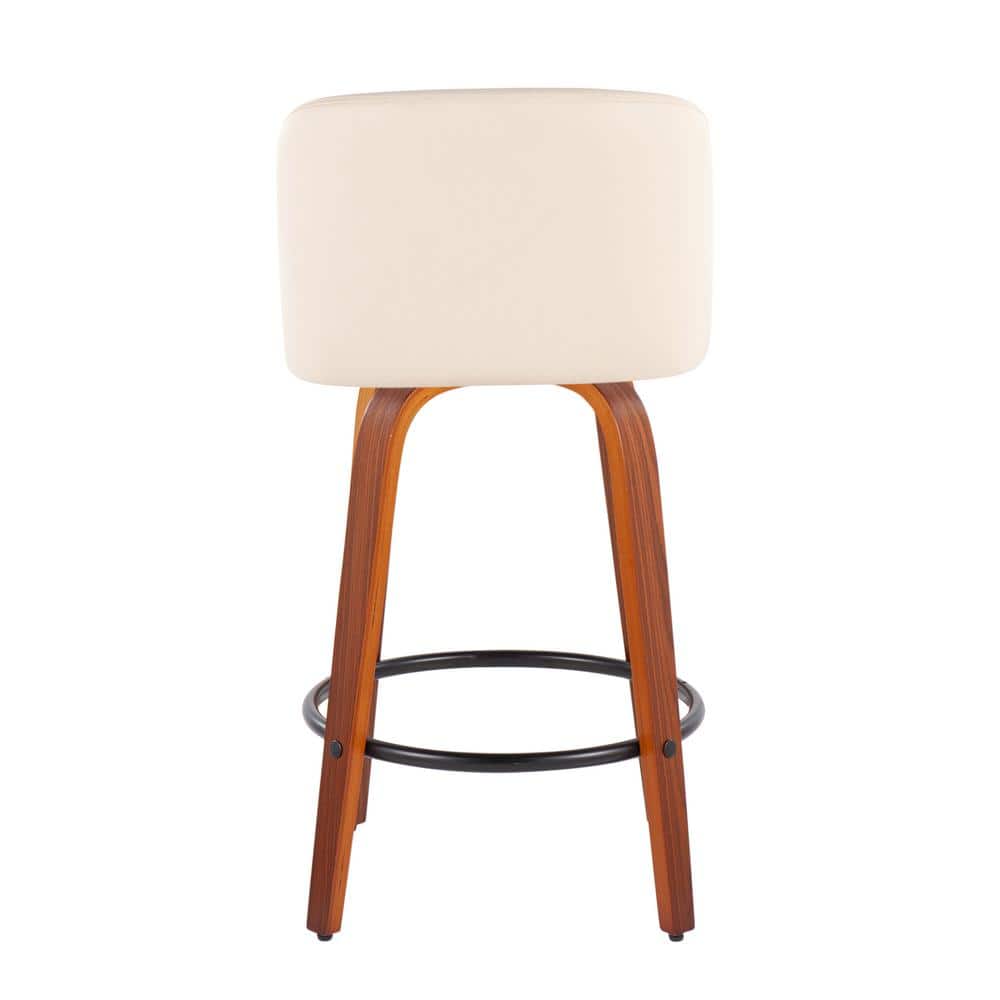 Cream Faux Leather Swivel Counter Stools with Walnut Wood and Black Metal Footrest, Set of 2