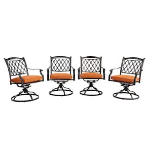 Bronze Diamond-Mesh Curved Backrest Swivel Cast Aluminum Outdoor Dining Chair with Orange Cushions (4-Pack)