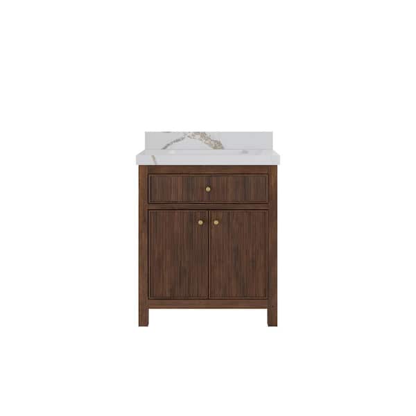 Willow Collections Sonoma Teak 30 in. Single Sink Freestanding Dark Walnut Bath Vanity with Calacatta Gold Qt. Top Unassembled