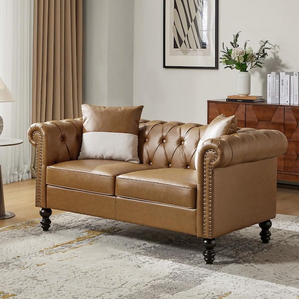 Felisa 62.2 in. W Rolled Arms Button-Tufted Leather Rectangle Sofa with and Gourd-Shaped Solid Wood Legs in Camel