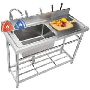 Stainless Steel Utility Sink, Free Standing Single Bowl Commercial Kitchen Sink Set w/Workbench, 47 x 19.7 x 37.4 in.