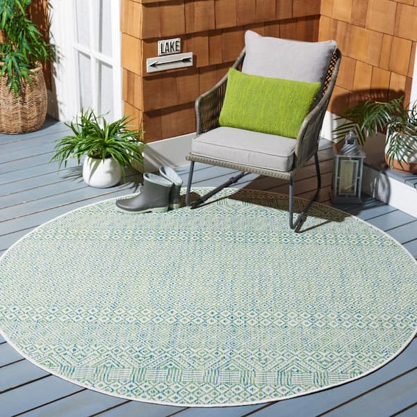 Courtyard Ivory/Green 7 ft. x 7 ft. Geometric Diamond Indoor/Outdoor Round Area Rug