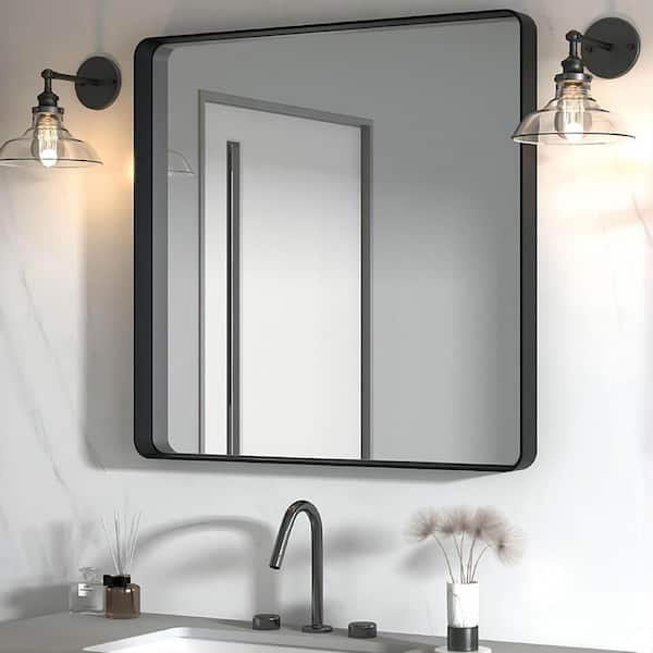 TOOLKISS 36 in. W x 36 in. H Rectangular Aluminum Framed Wall Bathroom Vanity Mirror in Black