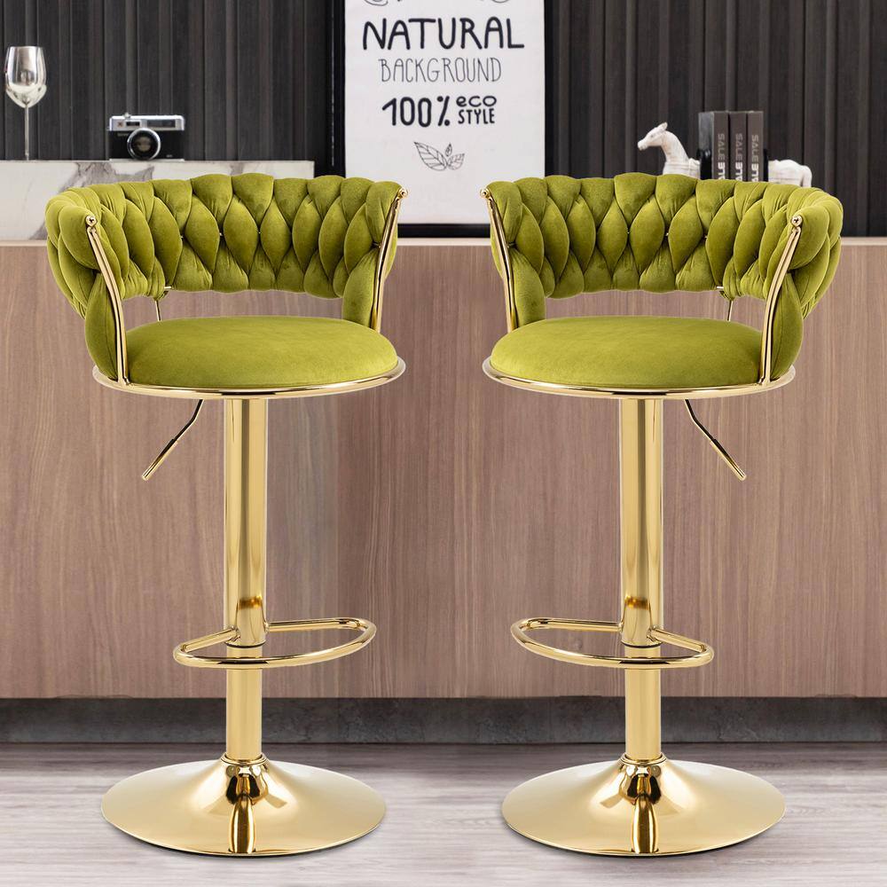 Emerald Green Velvet Adjustable Swivel Bar Stools with Gold Base, Set of 2