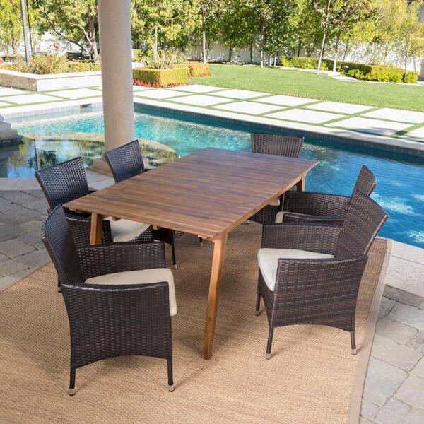 Noble House Saba Teak Brown 7-Piece Wood Outdoor Dining Set with Beige ...