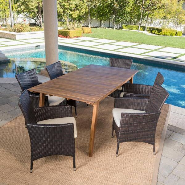Noble House Saba Teak Brown 7-Piece Wood Outdoor Dining Set with Beige Cushions