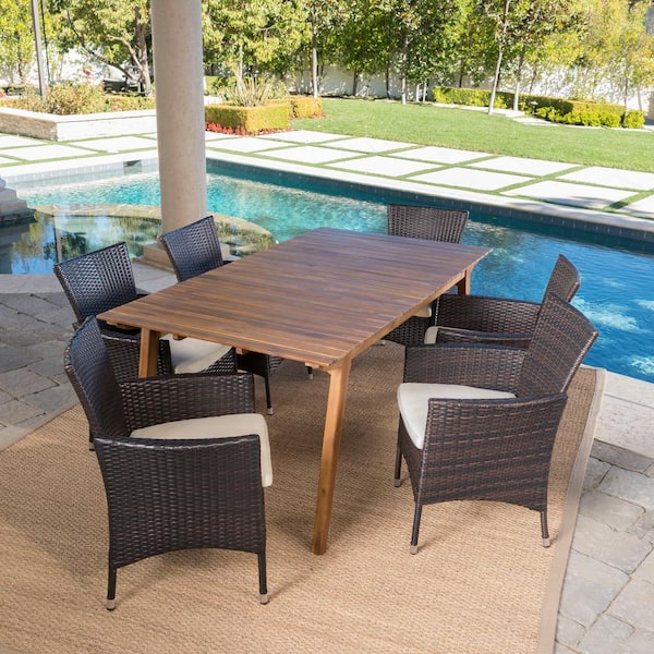 Noble House Saba Teak Brown 7Piece Wood Outdoor Dining Set with Beige