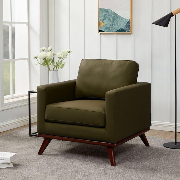 Chester Leather Accent Arm Chair with Removable Cushions Single Seater Sofa with Birch Wood Legs in Green