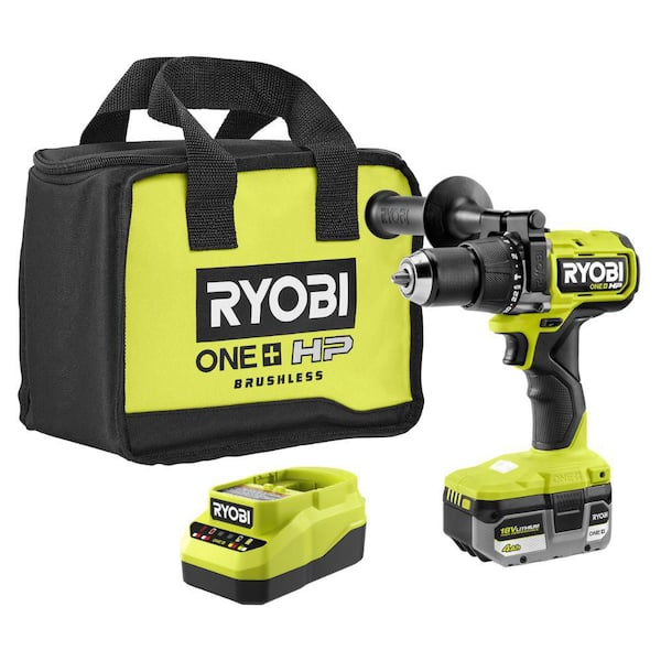 RYOBI - ONE+ HP 18V Brushless Cordless 1/2 in. Hammer Drill Kit 4.0 Ah HIGH PERFORMANCE Battery, Charger, and Bag