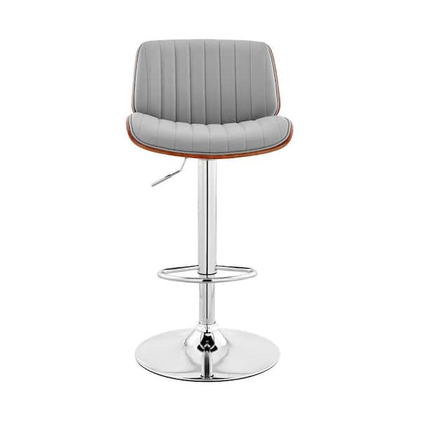 HomeRoots Adjustable Gray Faux Leather Chrome and Walnut Bar Stool