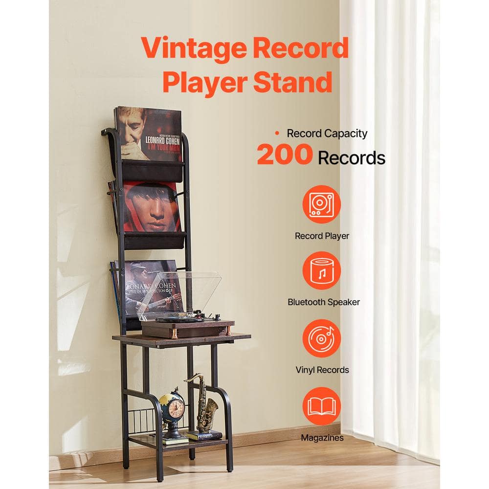 Black Steel and Wood Record Player Stand with USB Ports