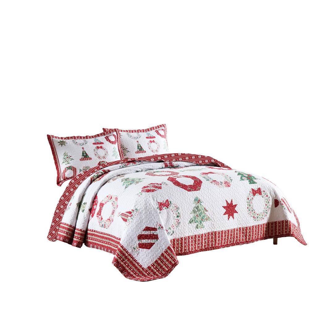 King Red and White Reversible Christmas Quilt Set