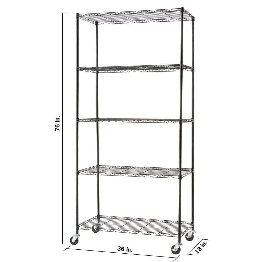 Black 5-Tier Steel Wire Shelving Unit with Wheels, 18"L x 36"W x 76"H