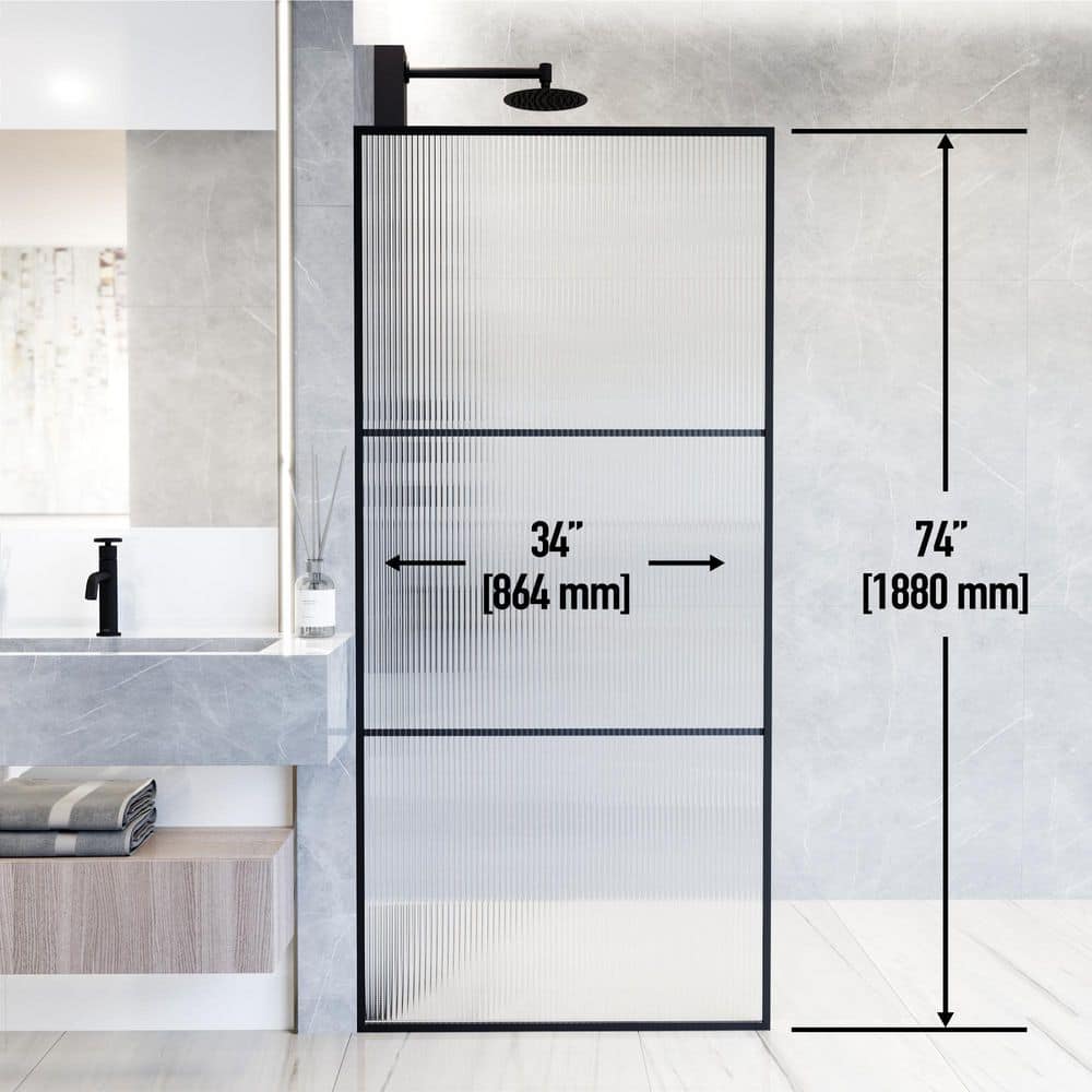 Divide 34" W x 74" H Matte Black Fluted Glass Shower Screen