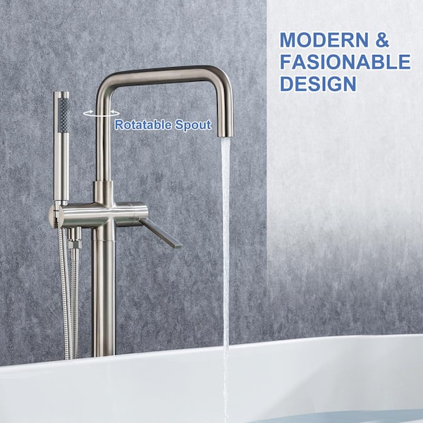 Singe-Handle High-Arc Swivel Spout Freestanding Floor Mount Tub Faucet with Hand Shower in Brushed Nickel