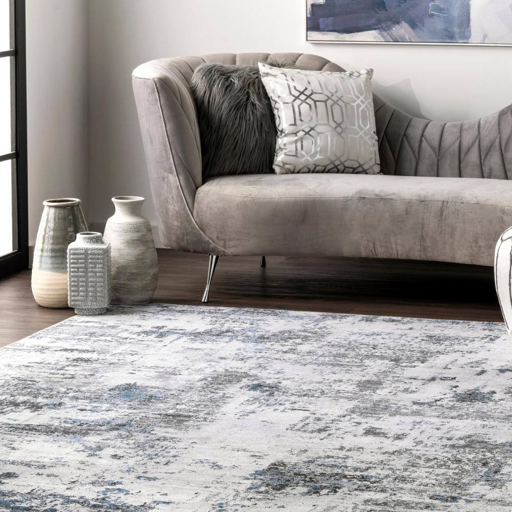 Dali Grey and Blue Abstract Machine Washable 5' x 8' Area Rug