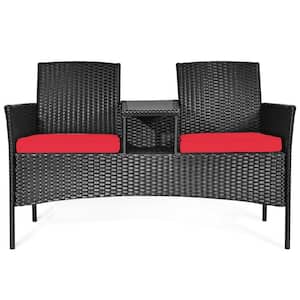 1-Piece Wicker Patio Conversation Set with Red Cushions