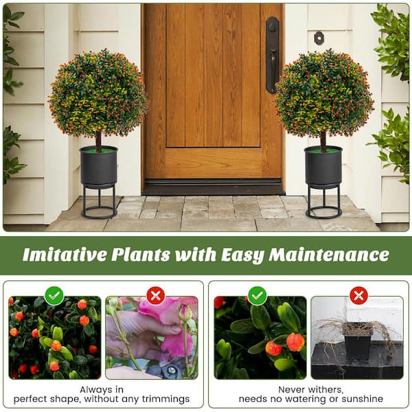 2-Pack Artificial Boxwood Topiary Ball Tree with Orange Fruit | Costway