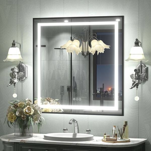32 in. W x 32 in. H Square Framed Front and Back LED Lighted Anti-Fog Wall Bathroom Vanity Mirror in Tempered Glass