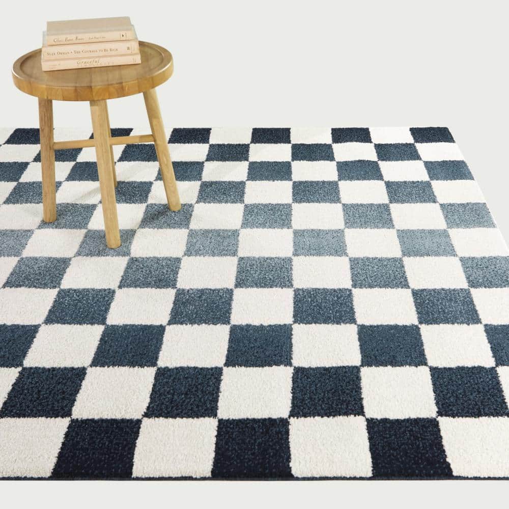 Blue and White Checkered Synthetic Area Rug 5'3" x 7'