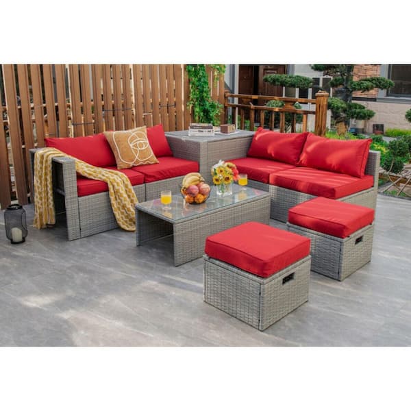 8-Piece Patio Rattan Metal Patio Conversation Set with Cushions in Red and Storage Table
