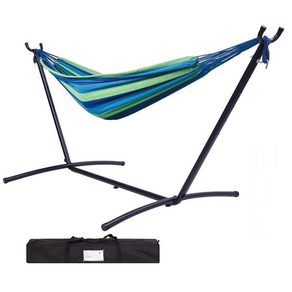 Unbranded 9.33 ft. Durable 450 lbs. Capacity Portable Double Classic Hammock with Stand in Blue - with Carrying Pouch