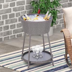 33.5 in H Grey Round Wicker Outdoor Side Table Ice Cooler Table with Bucket and Bracket