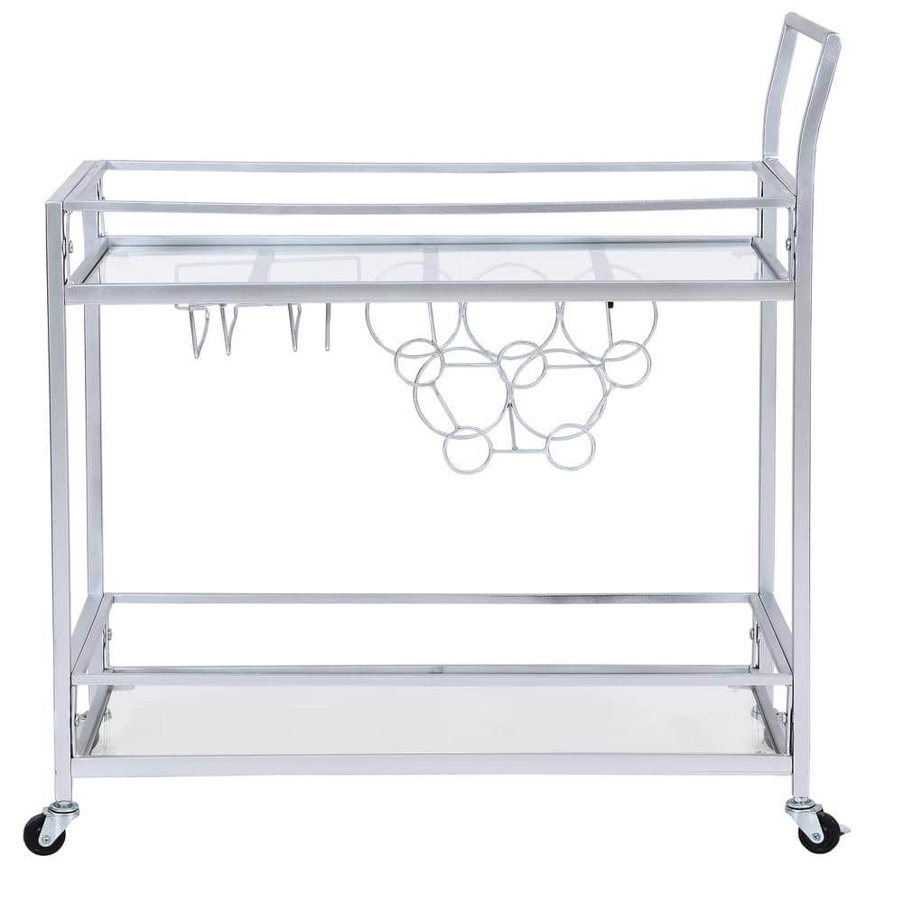 Silver Metal and Glass Bar Cart with Wine Rack