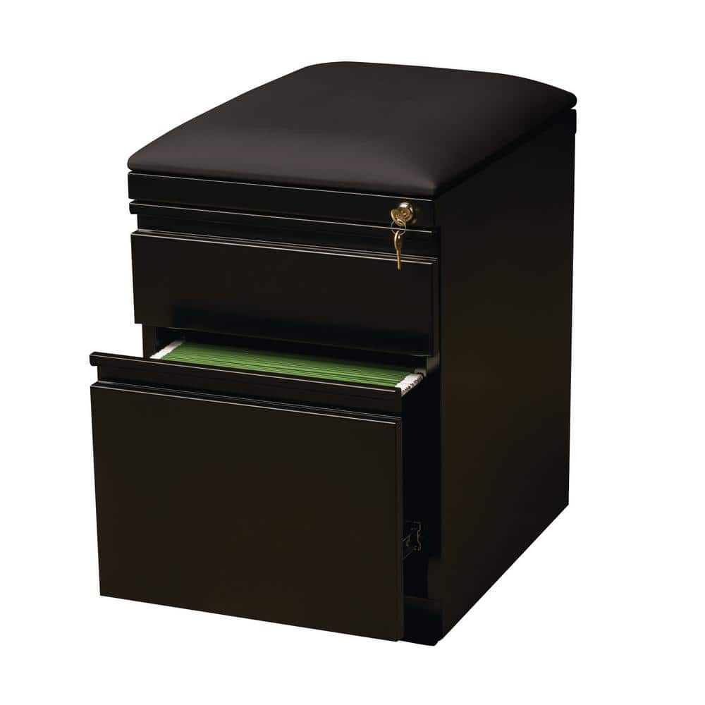 Black Steel Mobile Pedestal File Cabinet with Cushion Seat