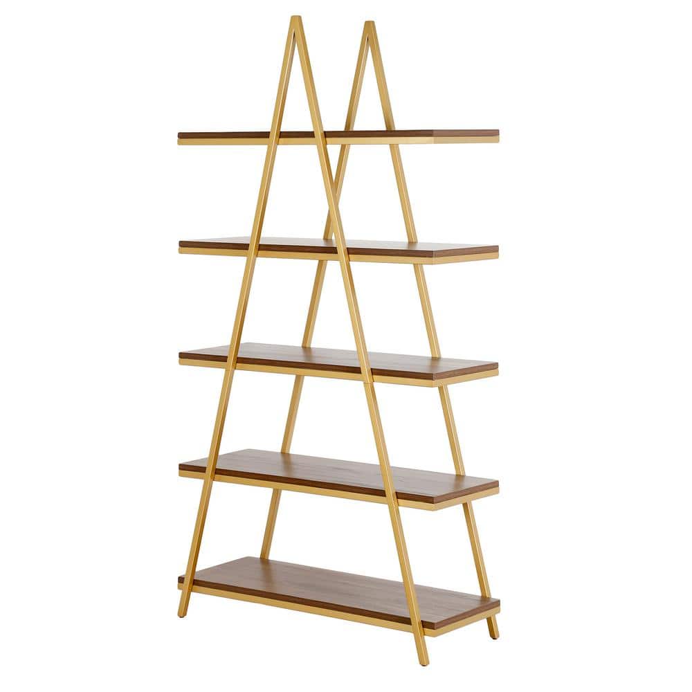Aurum Ladder 68'' Gold and Walnut 5-Tier Bookshelf