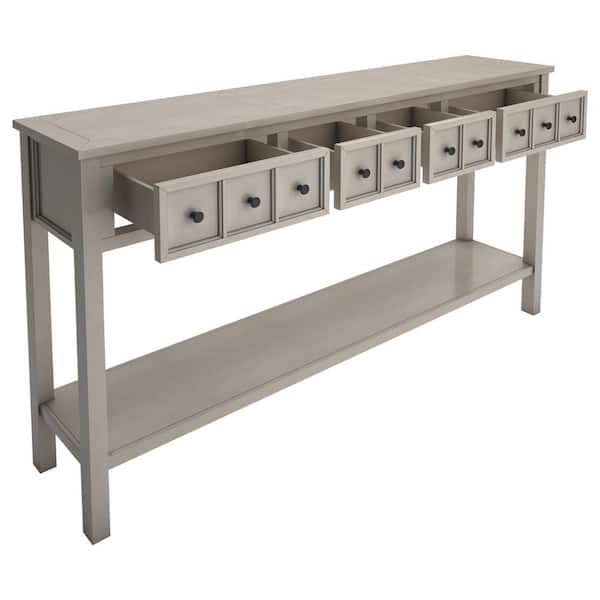 Polibi 60 in. Gray Wash Rectangle Wood Console Table with two Different Size Drawers and Bottom Shelf for Storage Gray Wash