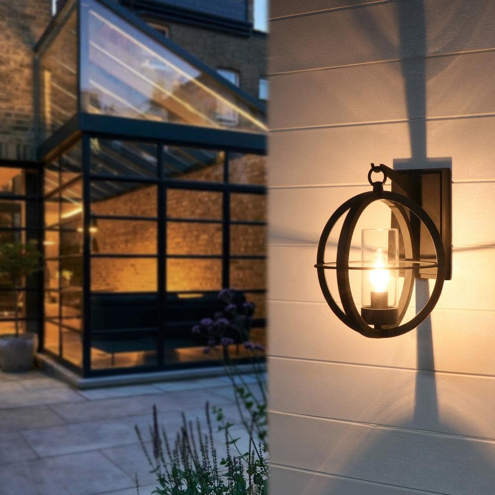 Matte Black Metal Globe Outdoor Wall Sconce with Clear Glass