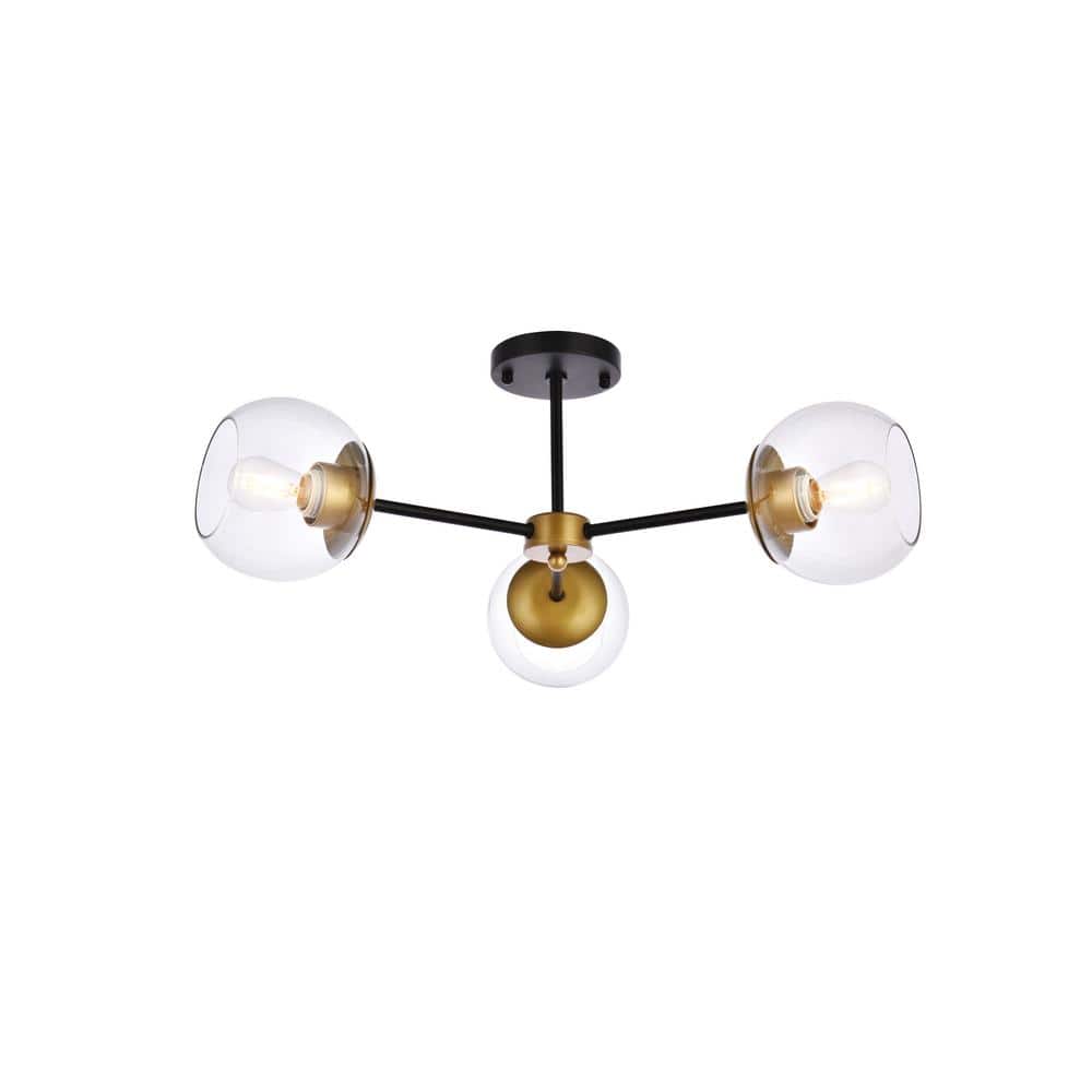 Timless Home 26 in. 3-Light Midcentury Modern Black and Brass and Clear Flu