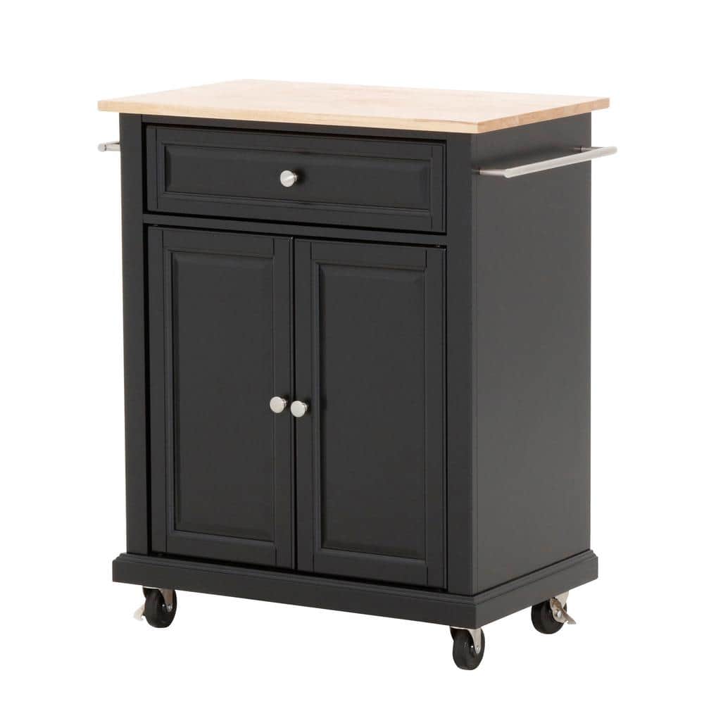Black Wood Kitchen Cart with Natural Top and Storage