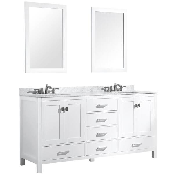 ANZZI Chateau 72 in. W x 36 in. H Bath Vanity in White with Marble Vanity Top in Carrara White with White Basins and Mirrors